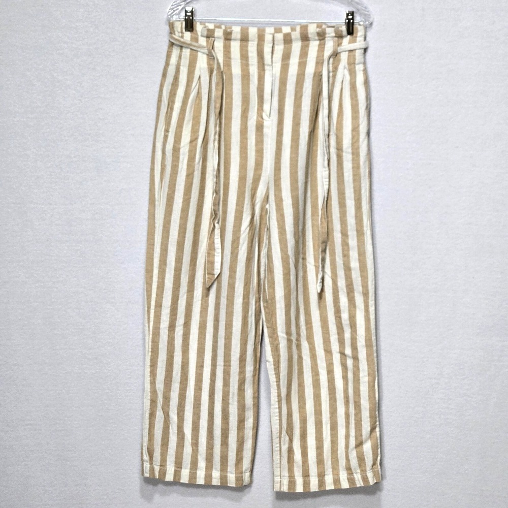 J.Crew Wide Leg Paper Bag Pants Womens Size 6 Brown & White Striped Tie in Waist